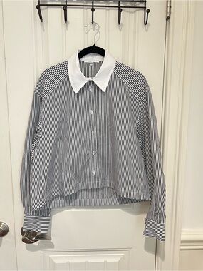 Love Tree Oversized Striped Button Up Crop Top Size Small